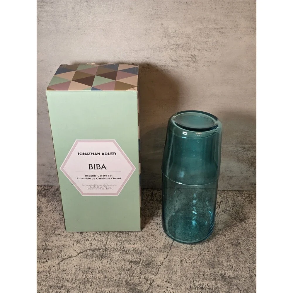 Jonathan Adler Bedside Carafe Set Blue Glass Kitchen Dishware Dish New In Box